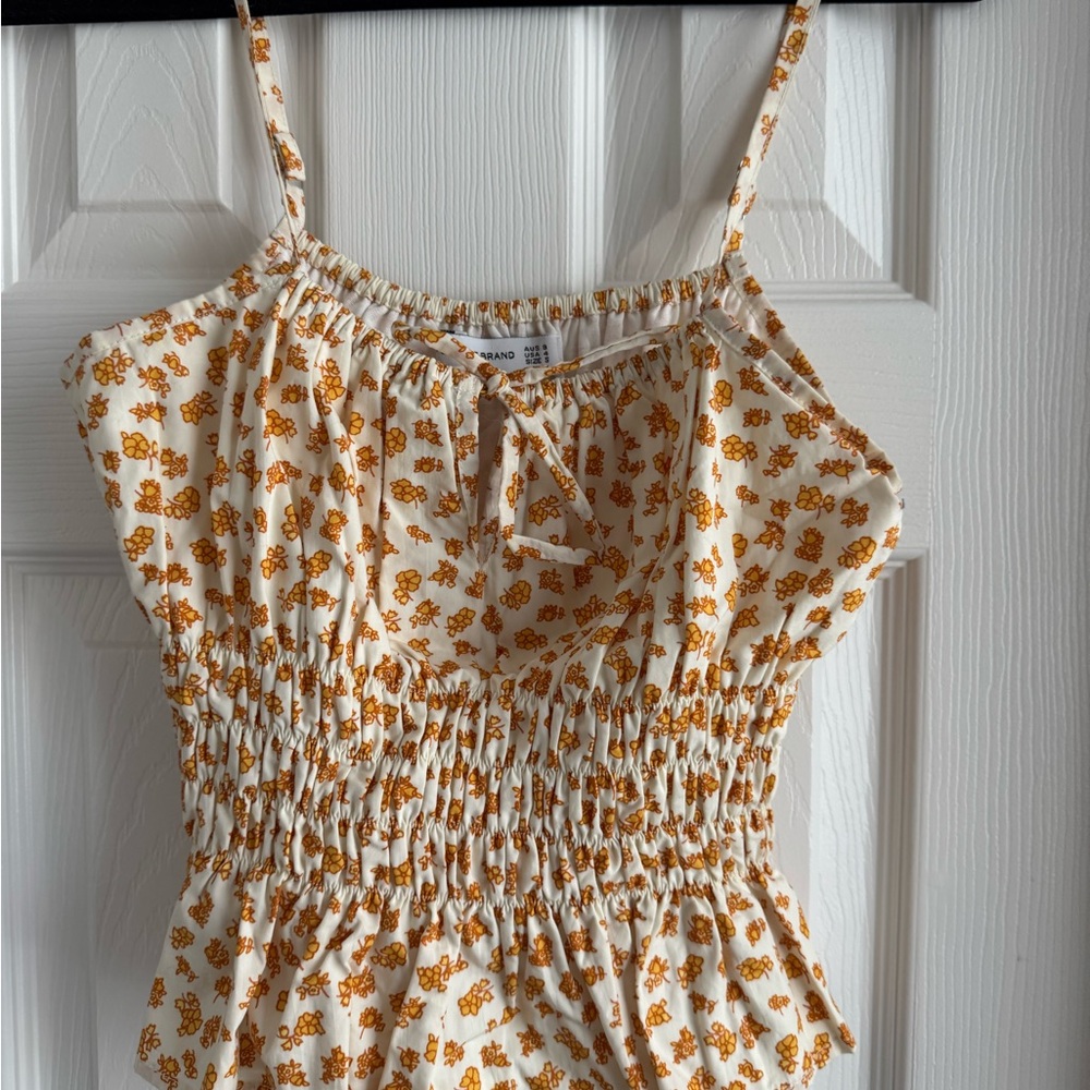 Faithfull the Brand Cream and Mustard Floral Smocked Cami Top